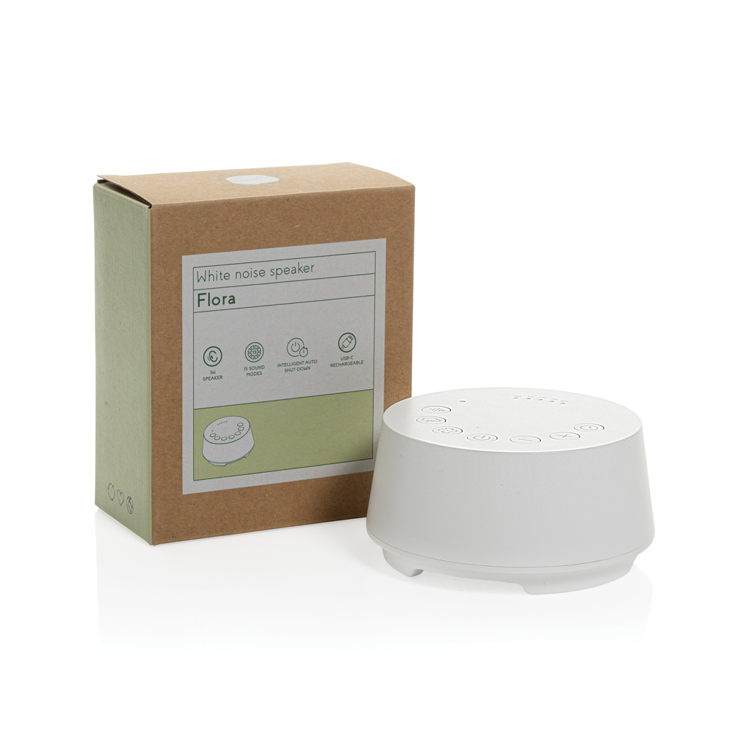Boxă Flora white noise din plastic reciclat RCS personalizat cu logo