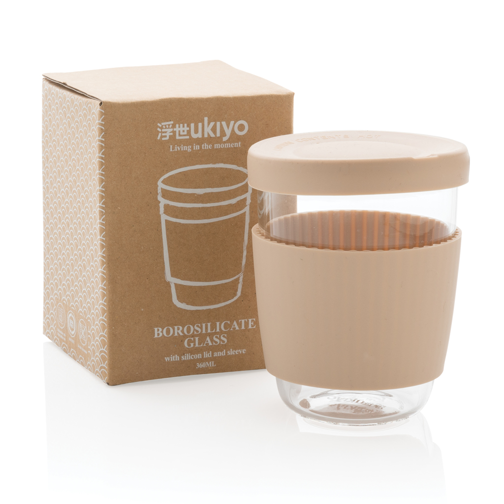 Cană sticlă borosilicată Ukiyo, capac și manșetă din silicon personalizat cu logo