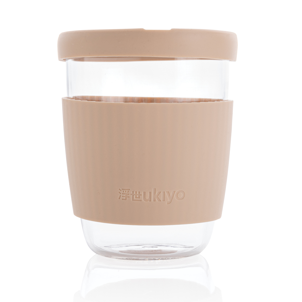 Cană sticlă borosilicată Ukiyo, capac și manșetă din silicon personalizat cu logo