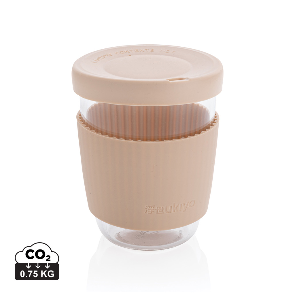 Cană sticlă borosilicată Ukiyo, capac și manșetă din silicon personalizat cu logo