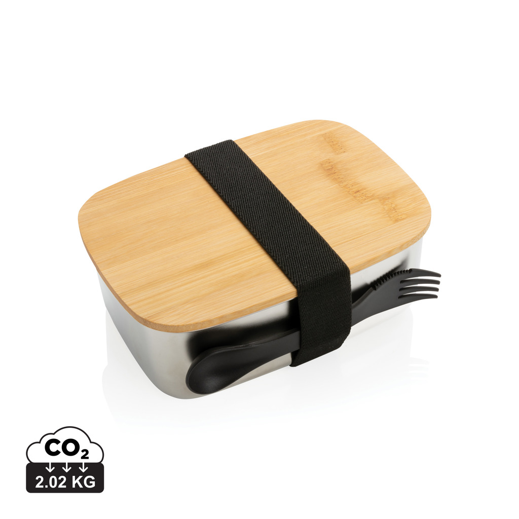 Cutie pentru prânz din inox cu capac din bambus și tacâm