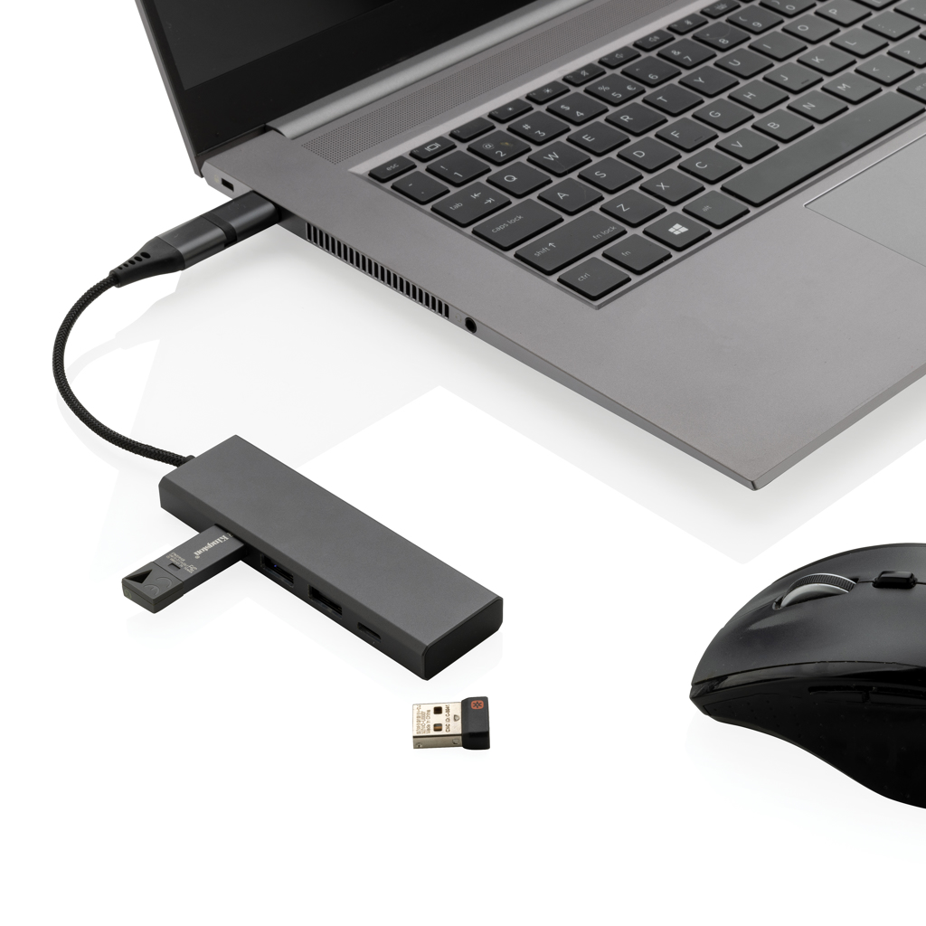 Hub Terra din aluminiu reciclat RCS, 3 porturi USB personalizat cu logo