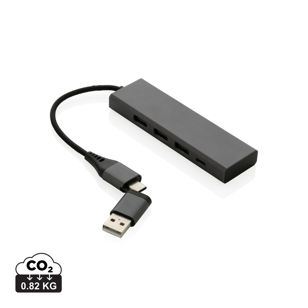 Hub Terra din aluminiu reciclat RCS, 3 porturi USB personalizat cu logo