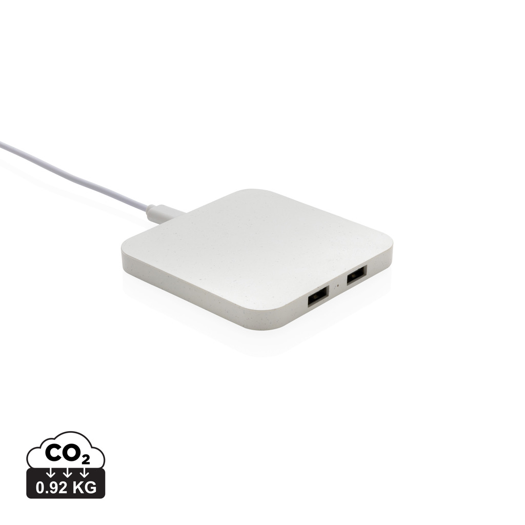 Încărcător wireless 10W plastic reciclat RCS cu porturi USB personalizat cu logo