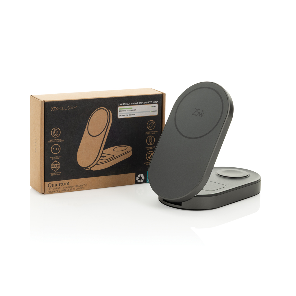 Încărcător wireless pliabil 3-în-1 Quantum 25W ultra-fast personalizat cu logo