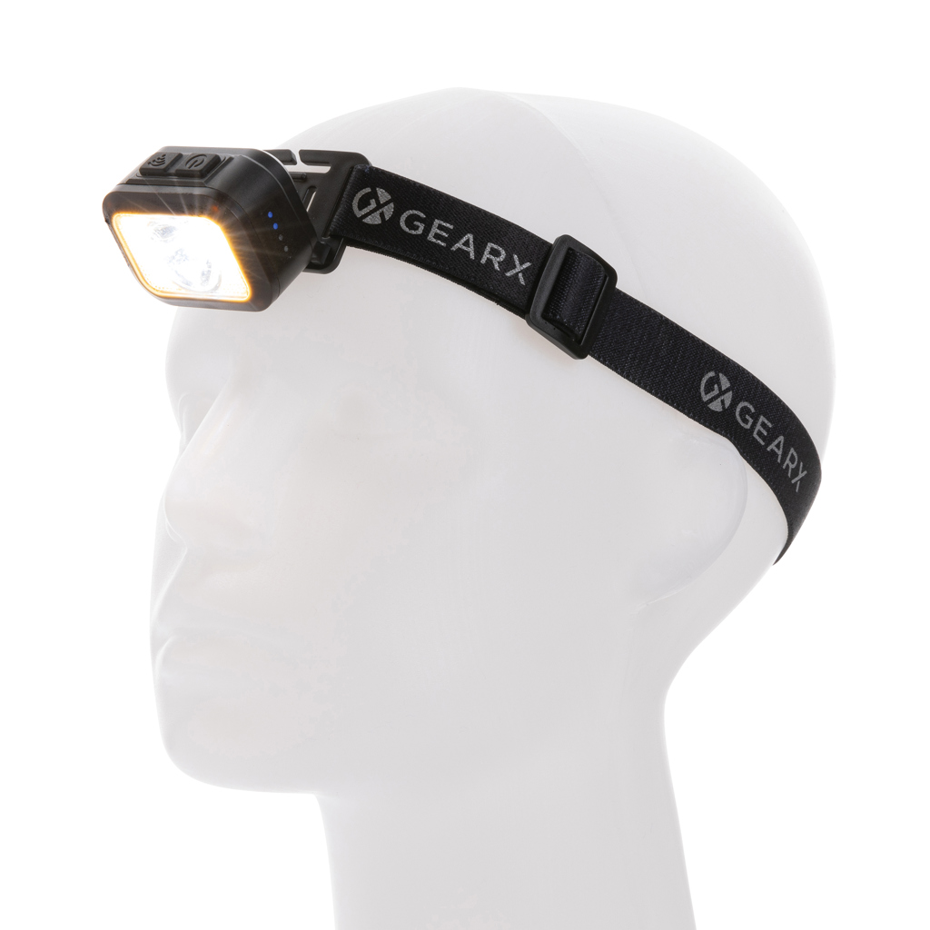 Lanternă frontală Gear X, reîncărcabilă, plastic reciclat personalizat cu logo