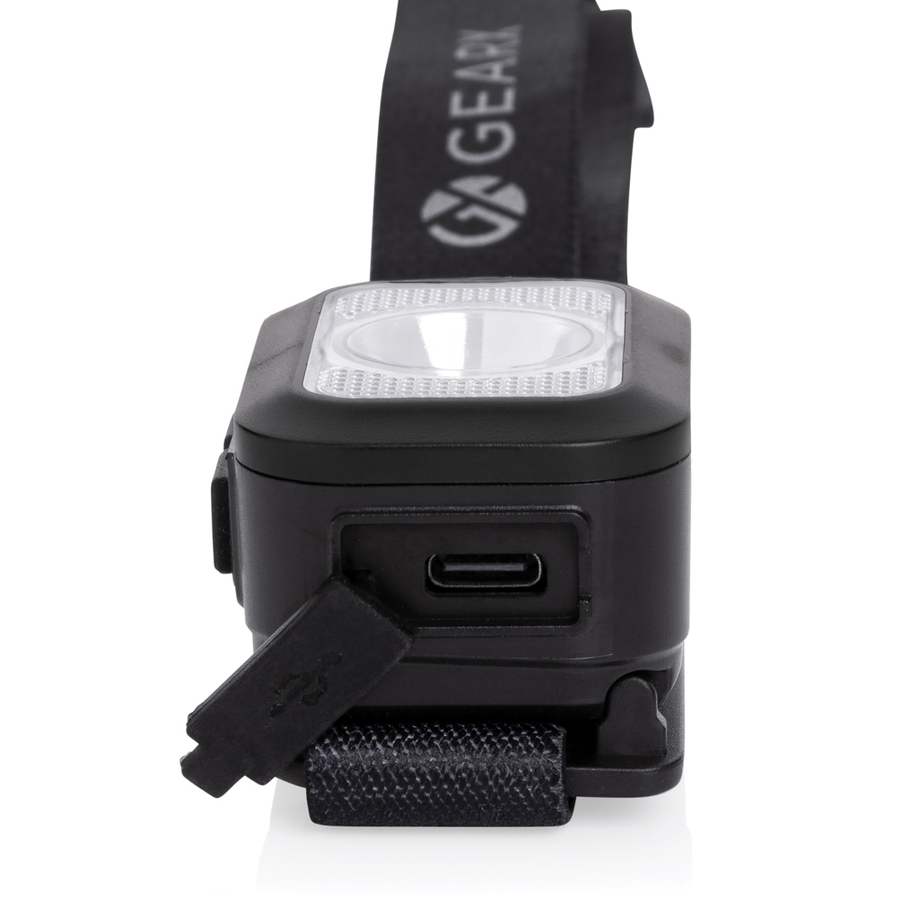 Lanternă frontală Gear X, reîncărcabilă, plastic reciclat personalizat cu logo