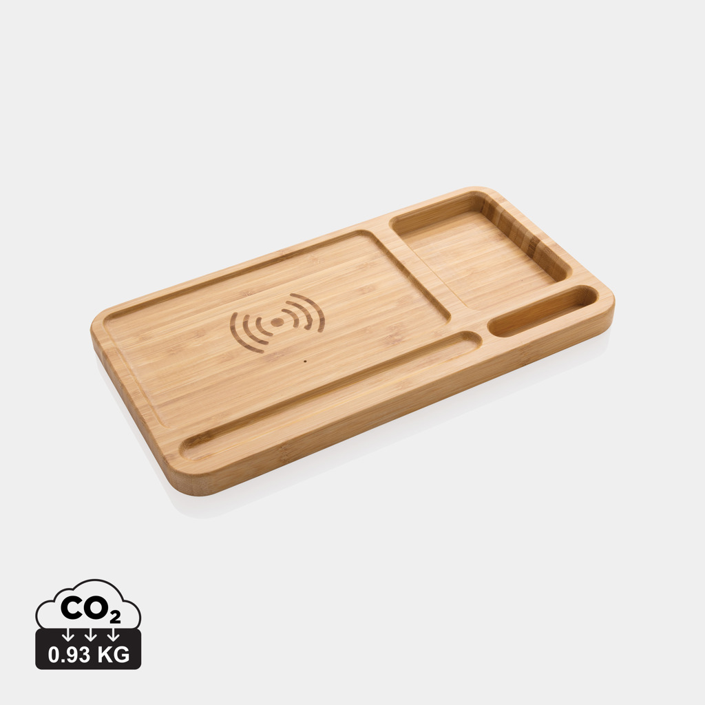 Organizator birou cu încărcător wireless 10W din bambus personalizat cu logo