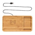 Organizator de birou din bambus cu încărcător wireless 5W personalizat cu logo