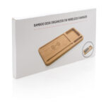Organizator de birou din bambus cu încărcător wireless 5W personalizat cu logo