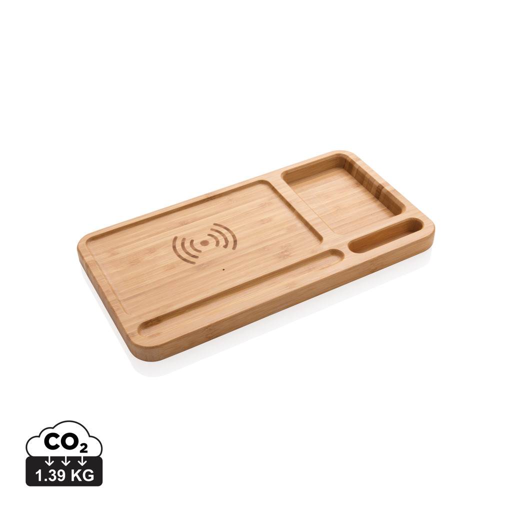 Organizator de birou din bambus cu încărcător wireless 5W personalizat cu logo