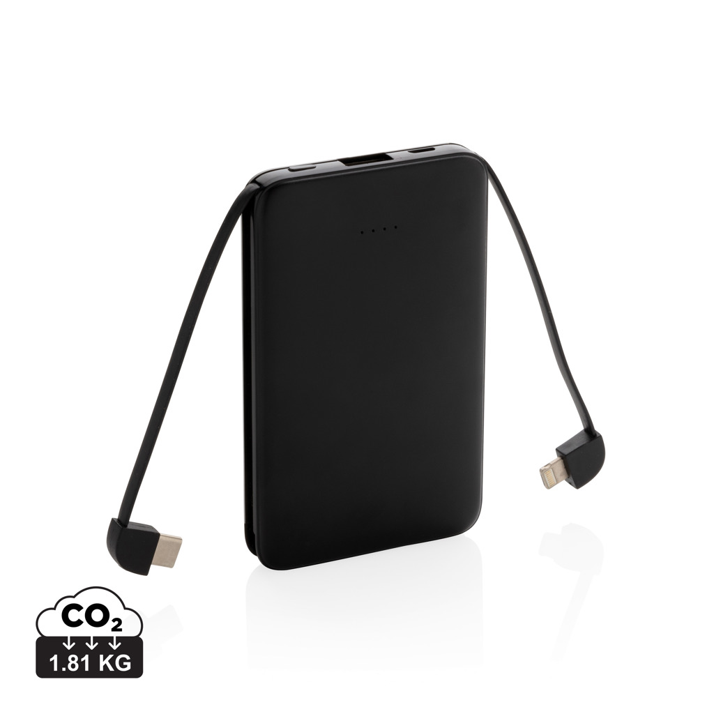 Powerbank de buzunar 5.000 mAh cu cabluri integrate personalizat cu logo