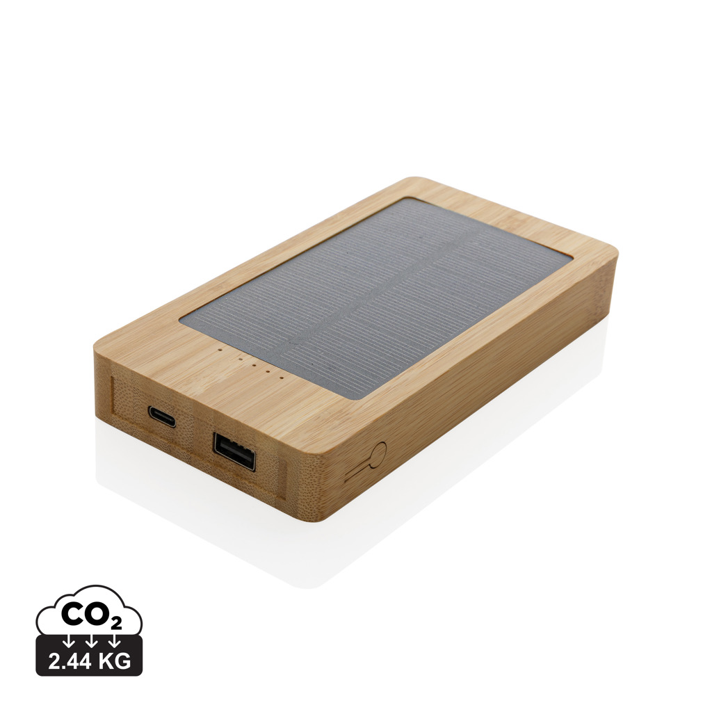 Powerbank solar Sunwick de 8.000 mAh din bambus personalizat cu logo