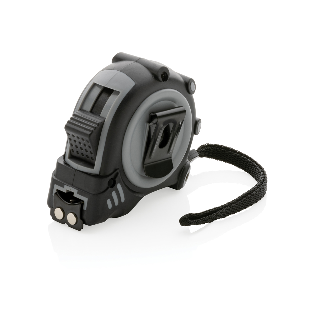 Ruletă din plastic reciclat 5M/19 mm cu mâner din cauciuc personalizat cu logo