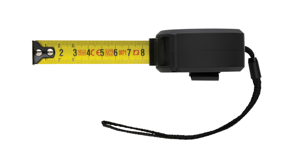 Ruletă din plastic reciclat și bambus 5M/19 mm personalizat cu logo