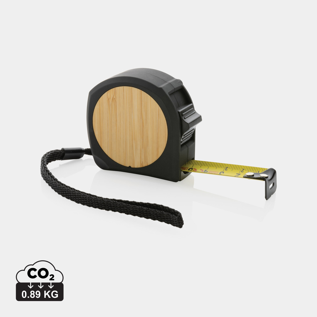 Ruletă din plastic reciclat și bambus 5M/19 mm personalizat cu logo
