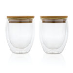 Set 2 pahare borosilicat 250ml perete dublu și capac bambus personalizat cu logo