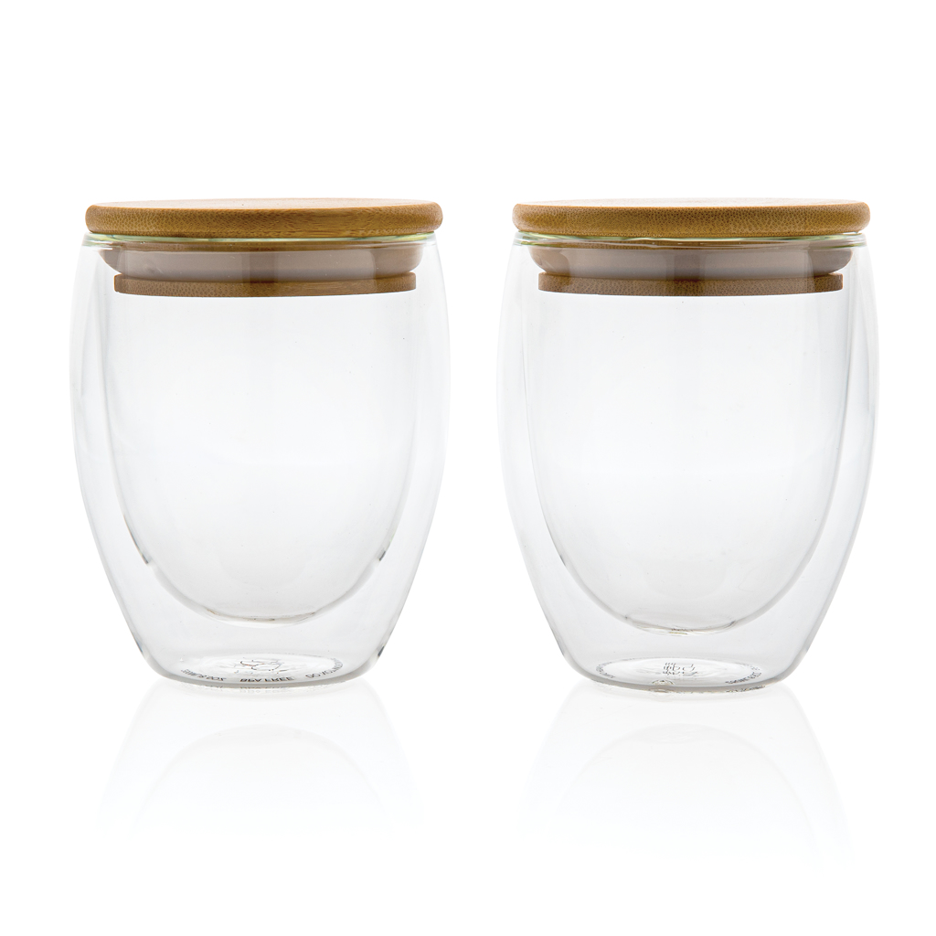 Set 2 pahare borosilicat 250ml perete dublu și capac bambus personalizat cu logo