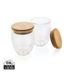 Set 2 pahare borosilicat 250ml perete dublu și capac bambus