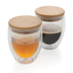 Set 2 pahare borosilicat 250ml perete dublu și capac bambus personalizat cu logo