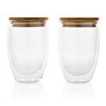 Set 2 pahare borosilicat 350ml perete dublu și capac bambus personalizat cu logo