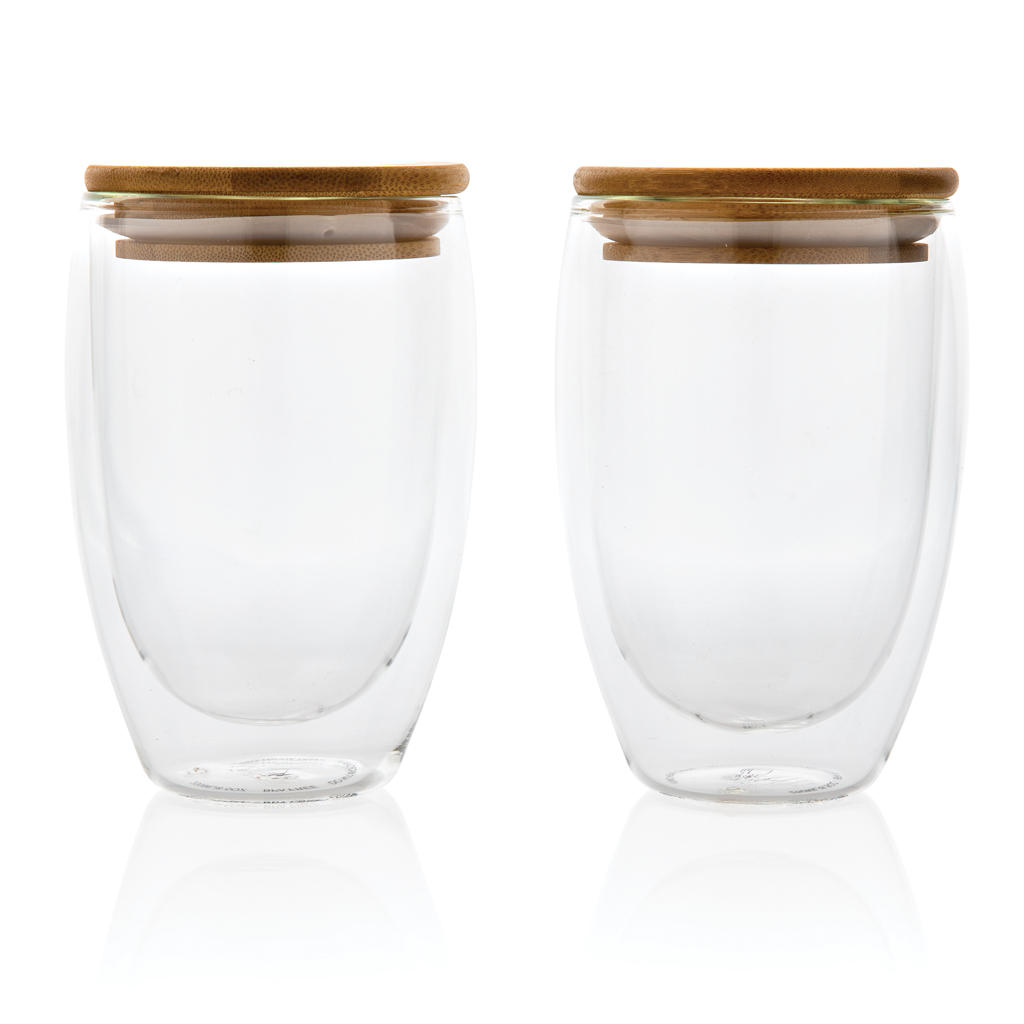 Set 2 pahare borosilicat 350ml perete dublu și capac bambus personalizat cu logo