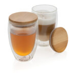Set 2 pahare borosilicat 350ml perete dublu și capac bambus personalizat cu logo