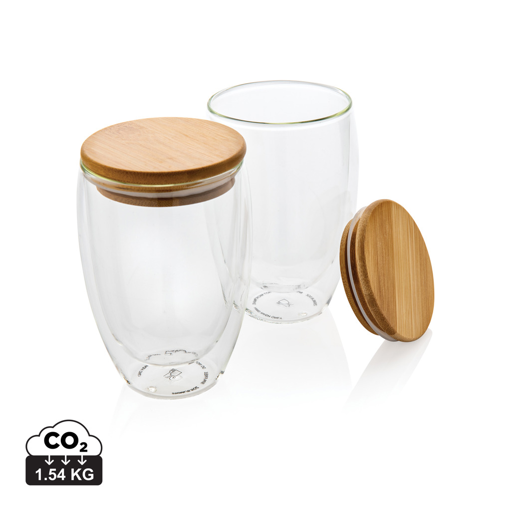Set 2 pahare borosilicat 350ml perete dublu și capac bambus personalizat cu logo