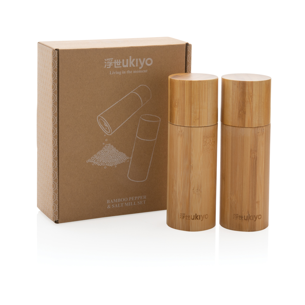Set râșnițe pentru sare și piper Ukiyo din bambus personalizat cu logo