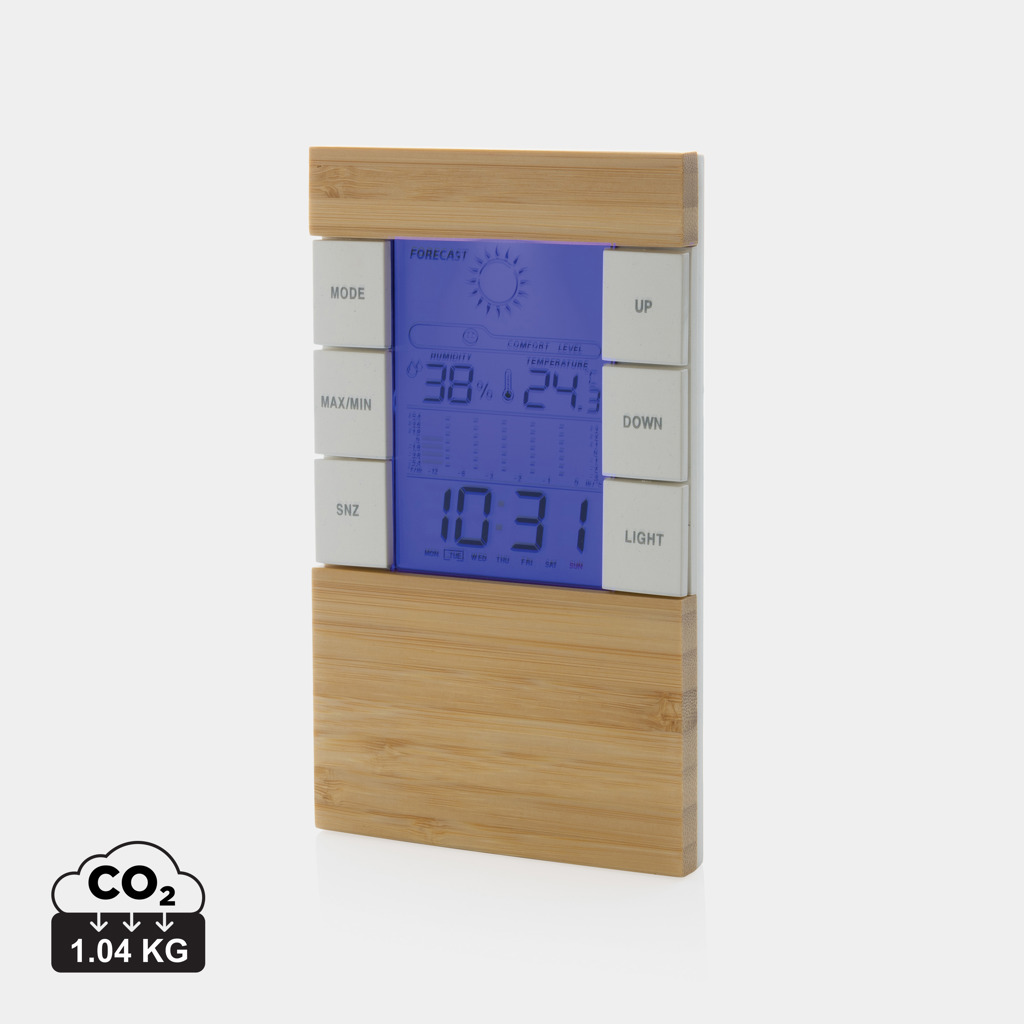Stație meteo Utah din plastic reciclat RCS și bambus personalizat cu logo