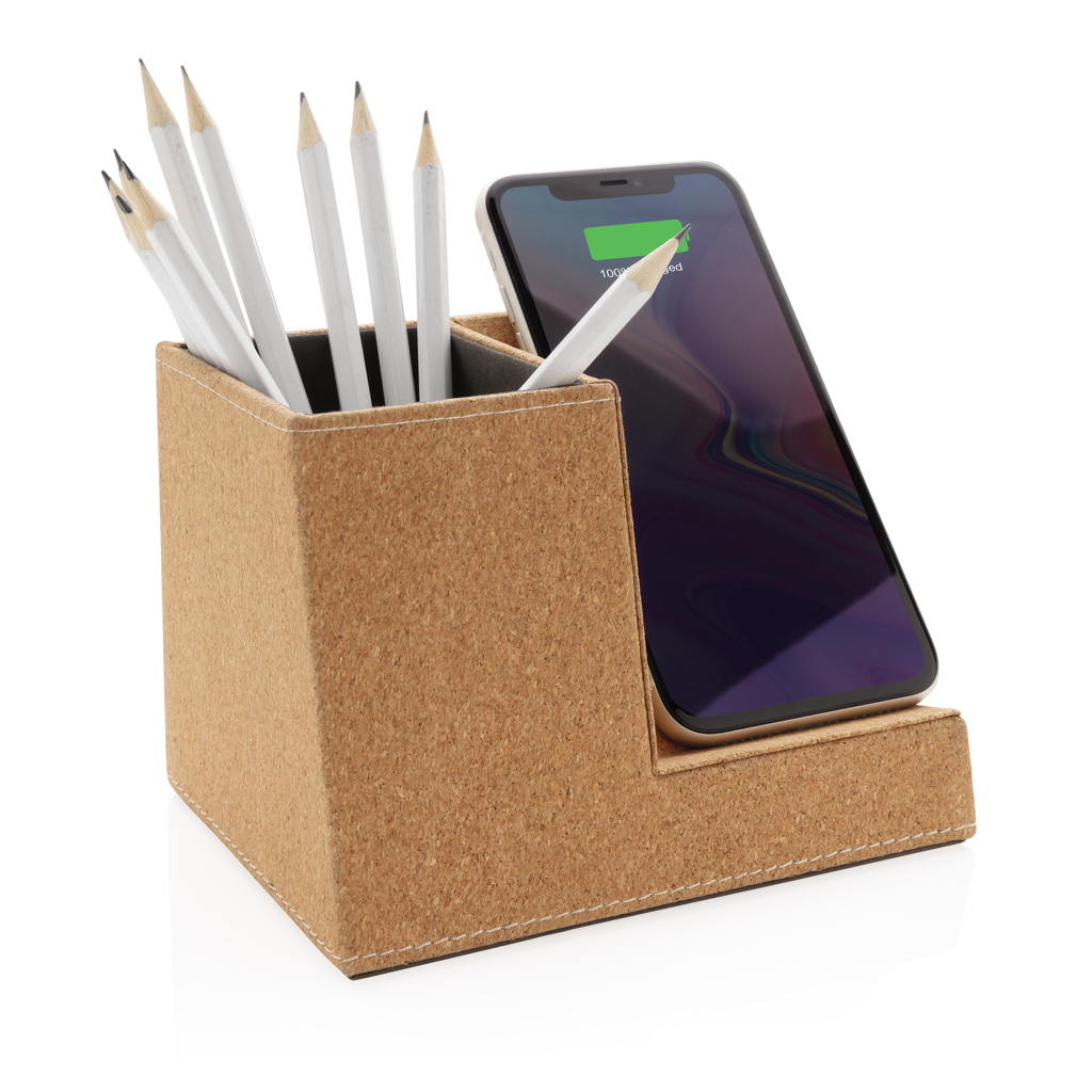 Suport din plută pentru pixuri cu încărcător wireless 5W personalizat cu logo