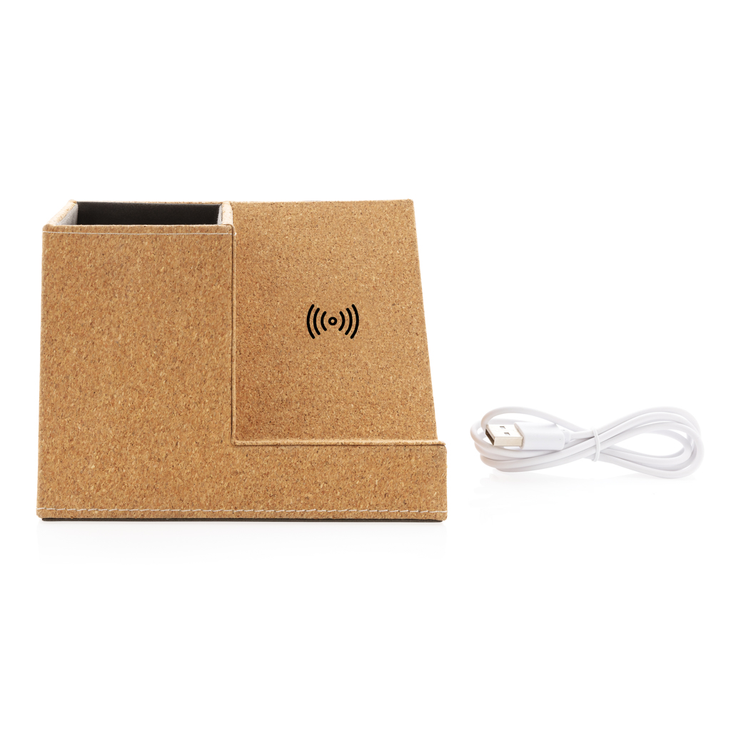 Suport din plută pentru pixuri cu încărcător wireless 5W personalizat cu logo