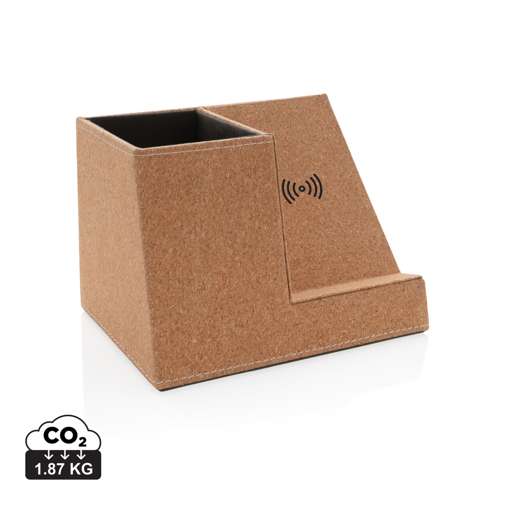 Suport din plută pentru pixuri cu încărcător wireless 5W personalizat cu logo