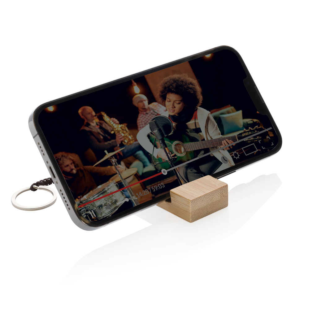 Suport telefon Standkey din bambus cu breloc practic personalizat cu logo