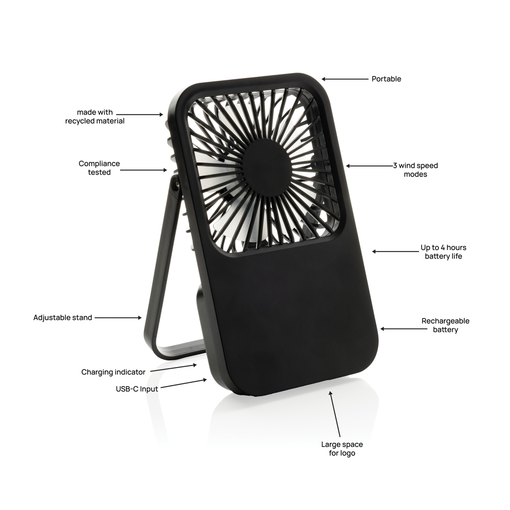 Ventilator de birou reîncărcabil Aervina din plastic RCS personalizat cu logo