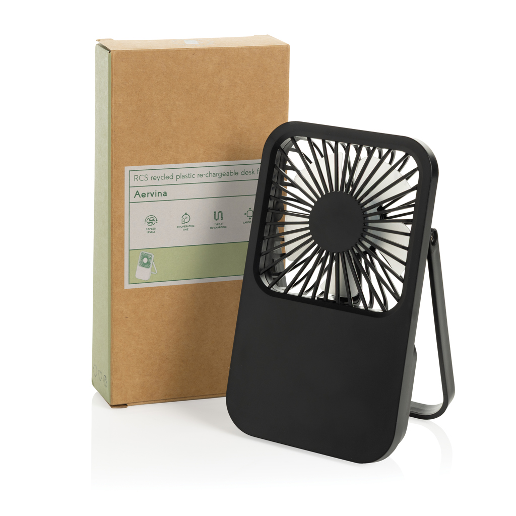 Ventilator de birou reîncărcabil Aervina din plastic RCS personalizat cu logo